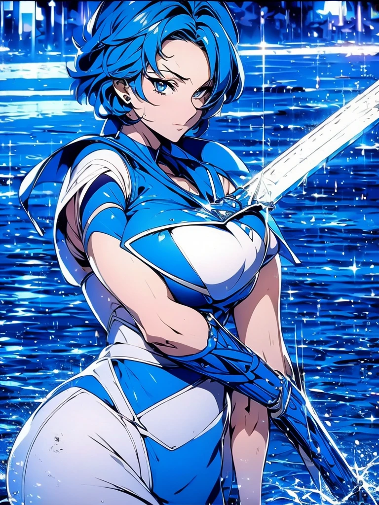 Sailor mercury in full police  suit,long blue hair,Blue Power Ranger, hurricane ,Sexy goth woman big breast, character sheet,inside a pool,High Resolution, Large breasts, cyber samurai,ice swords
￼