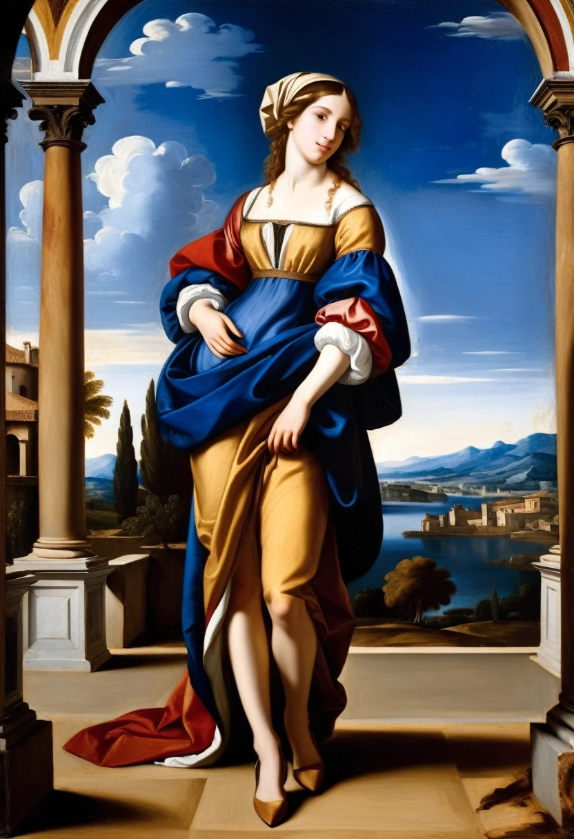 [[(full-length front view: young attractive girl) ((style Guercino))]/[background:amazing Renaissance landscape based on Guercino) (masterpiece)], oil painting, extreme detail, intricate, unusual, ((best quality))]