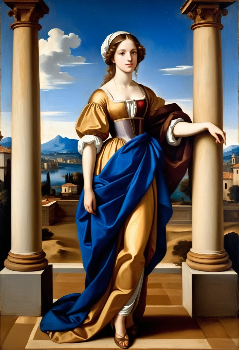 [[(full-length front view: young attractive girl) ((style Guercino))]/[background:amazing Renaissance landscape based on Guercino) (masterpiece)], oil painting, extreme detail, intricate, unusual, ((best quality))]