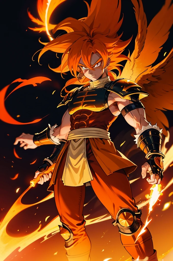 Tanned male with long, orange saiyan hair, wearing heavy bright orange armour, wearing a skirt made of phoenix feathers, with flame tattoos on their face, in fantasy style