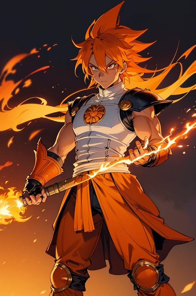 Tanned male with long, orange saiyan hair, wearing heavy bright orange armour, wearing a skirt made of phoenix feathers, with flame tattoos on their face, in fantasy style