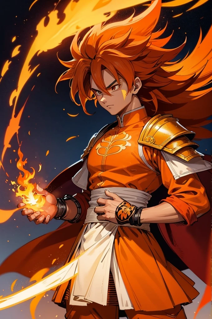 Tanned male with long, orange saiyan hair, wearing heavy bright orange armour, wearing a skirt made of phoenix feathers, with flame tattoos on their face, in fantasy style