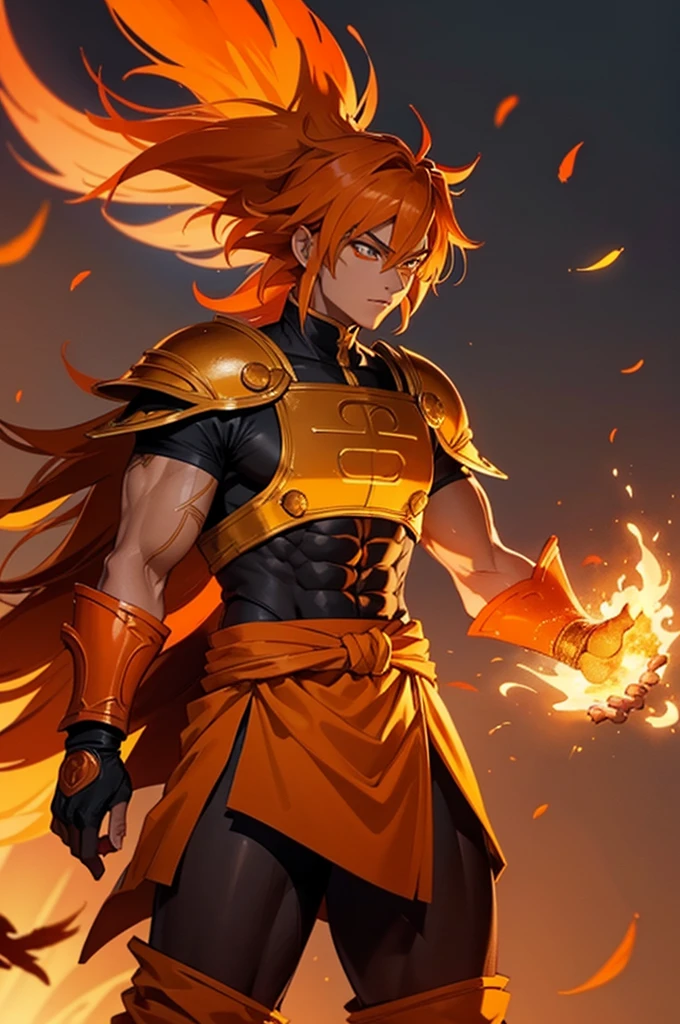 Tanned male with long, orange saiyan hair, wearing heavy bright orange armour, wearing a skirt made of phoenix feathers, with flame tattoos on their face, in fantasy style