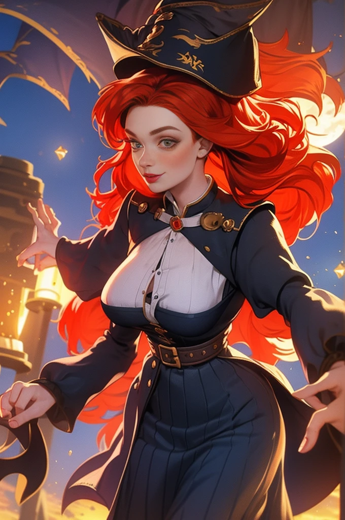 ginger woman with freckles,Lovely and beautiful Fas,frekles 28 year old,Red hair,double tails, Practical pirate clothing, (Long-sleeved pirate top), Skirt,Torn pirate hat, view the viewer, fantasy, Cinematic lighting,Masterpiece,