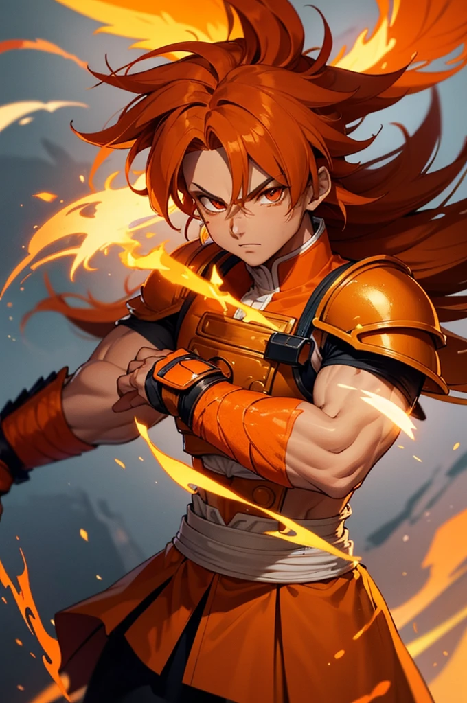 Tanned male with long, orange saiyan hair, wearing heavy orange armour, wearing a skirt made of phoenix feathers, with flame tattoos on their face, in fantasy style