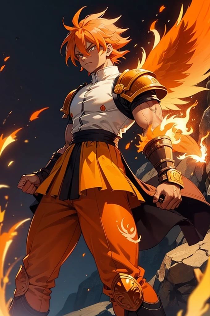 Tanned male with long, orange saiyan hair, wearing heavy orange armour, wearing a skirt made of phoenix feathers, with flame tattoos on their face, in fantasy style