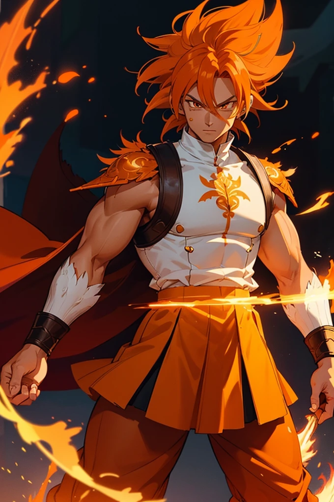 Tanned male with long, orange saiyan hair, wearing heavy orange armour, wearing a skirt made of phoenix feathers, with flame tattoos on their face, in fantasy style