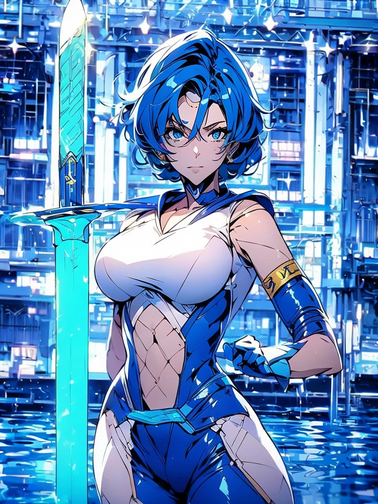 Sailor mercury in full police  suit,long blue hair,Blue Power Ranger, hurricane ,Sexy goth woman big breast, character sheet,inside a pool,High Resolution, Large breasts, cyber samurai,ice swords
￼,blue lips