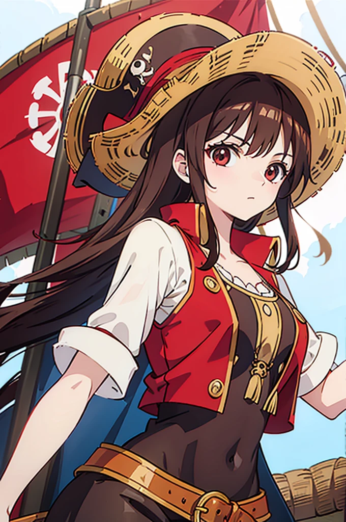 1 female, medium length brown hair, wearing pirate clothing, wearing straw hat with red band, on a pirate ship, wearing straw hat