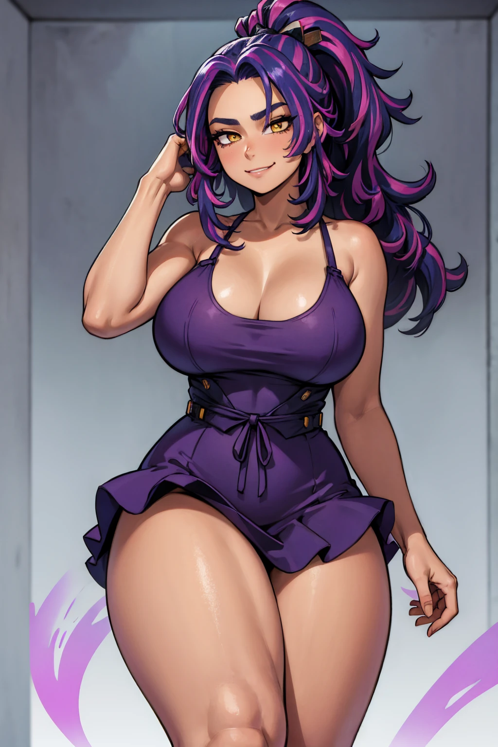 Lade nagant , 1girl, solo, long hair, looking at viewer, purple  hair, ponytail, yellow eyes, smile,  , bangs, breasts, simple background, fang, bare shoulders, cute , bare shoulders, closed mouth, hair over one eye, portrait, hair over shoulder, legs, seductive,  , realistic, highly detailed face, detailed eyes, best quality, masterpiece, ultra detail, ultra high res, extreme detail, 8k, uhd, voluptuous, curvy, thick thighs, frontal, full body, 