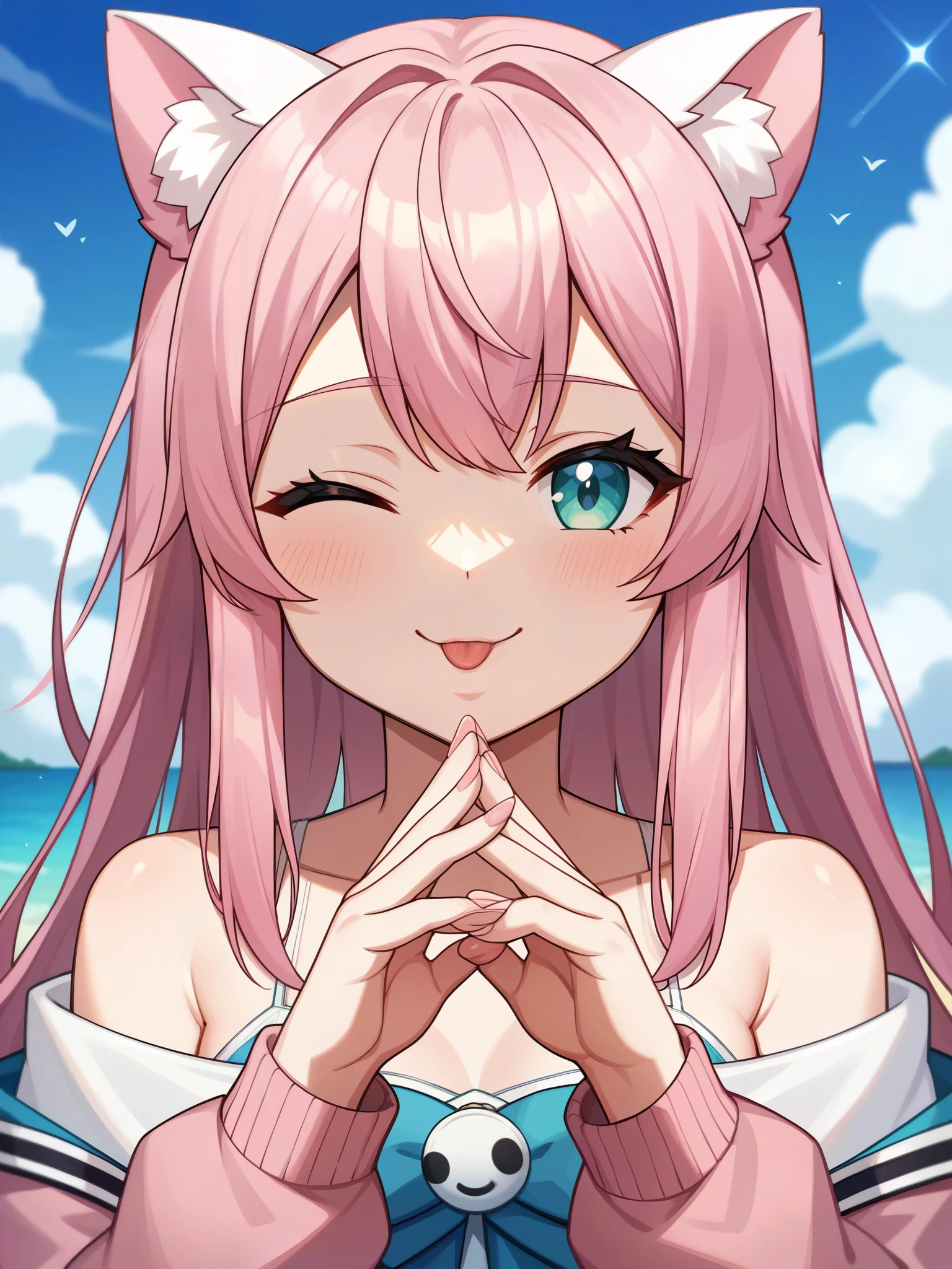Adult, Female, long pink hair, winking, smiling, tongue out, vtuber, otaku bedroom, Masterpiece, Accurate, Anatomically Correct, Best Quality, High Details, Detail, Super Detailed, Best detail, Perfect detail, Amazing detail, [-3, 3], perfect hands, best hands, best fingers, perfect fingers, perfect body, best body, amazing body, Looking at viewer, front facing, upper body shot, Cat Ears, Close-Up, Pink off shoulder jacket,