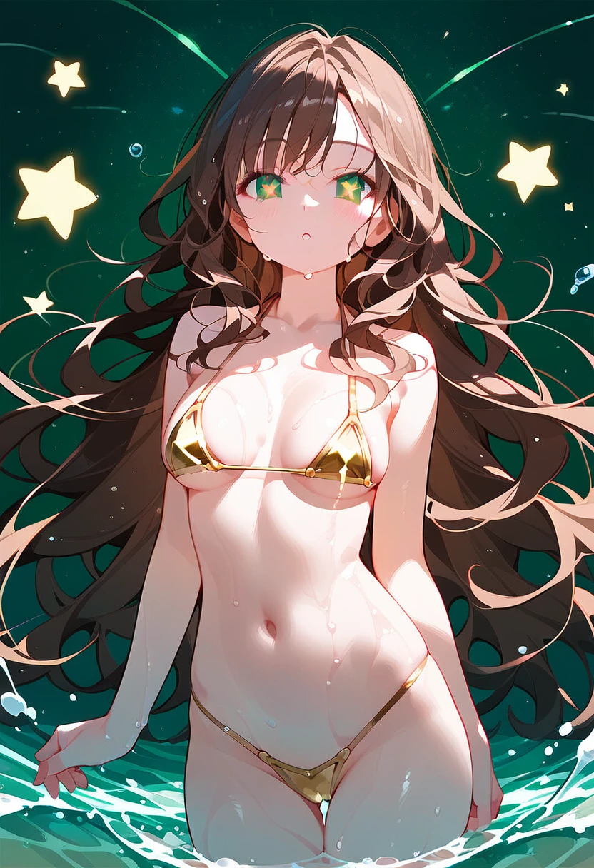 1girl, long hair, bangs, brown hair, wavy hair, green eyes, star shaped pupils, score_9, score_8_up, score_7_up, best quality, amazing quality, very aesthetic, absurdres, micro bikini, gold bikini, wet, dripping water, front view