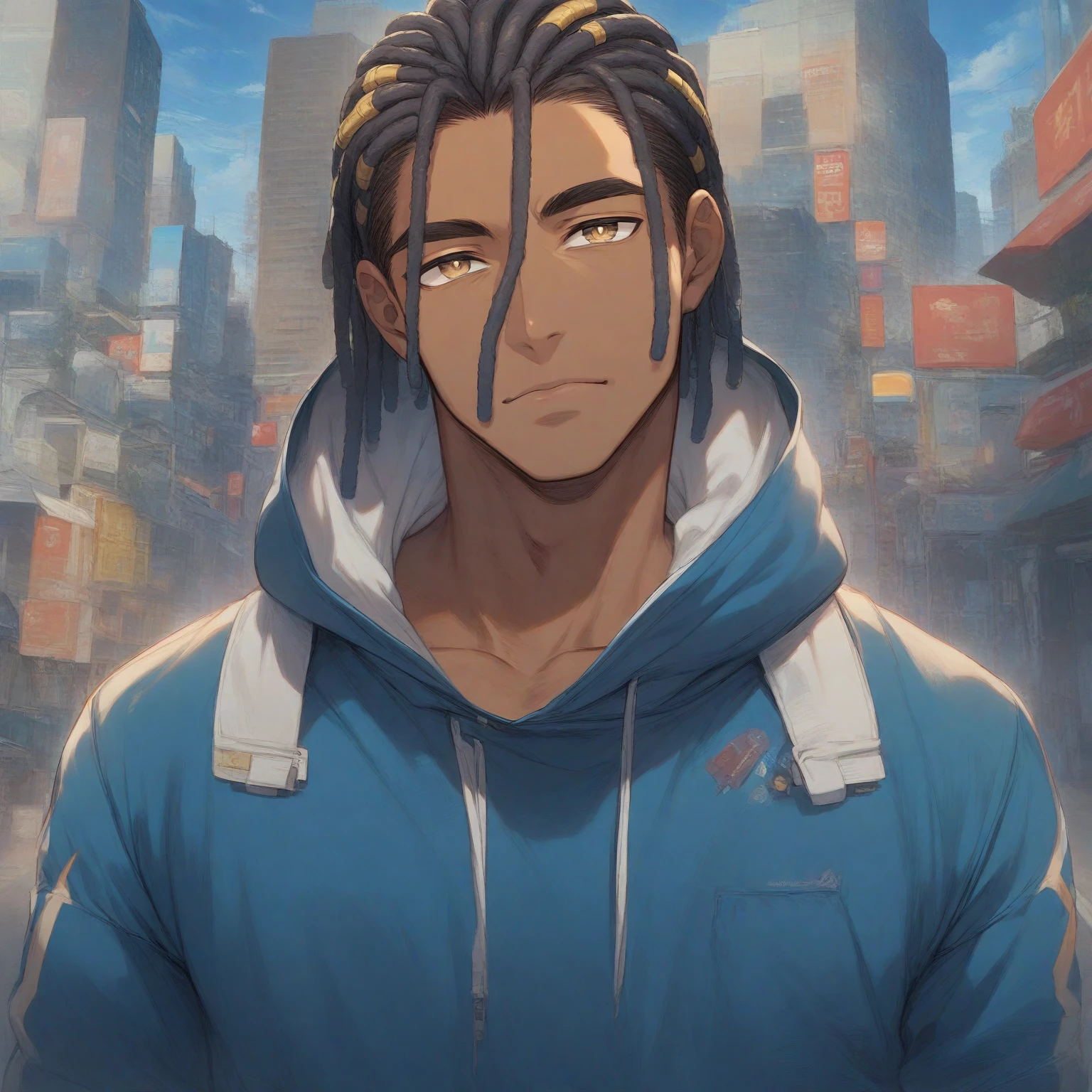 (masterpiece:1.2), (best quality), (ultra detailed), (8k, 4k, intricate),(half-body-shot:1), (highly detailed:1.2),(detailed background:1.2),((dark skin, handsome face,lips)) An close up of a person with dreadlocks in a city, he wearing a blue shirt and white fur-collared hoodie, tan pupils, male anime style, in an anime style, anime handsome man, modern city background, natural sky