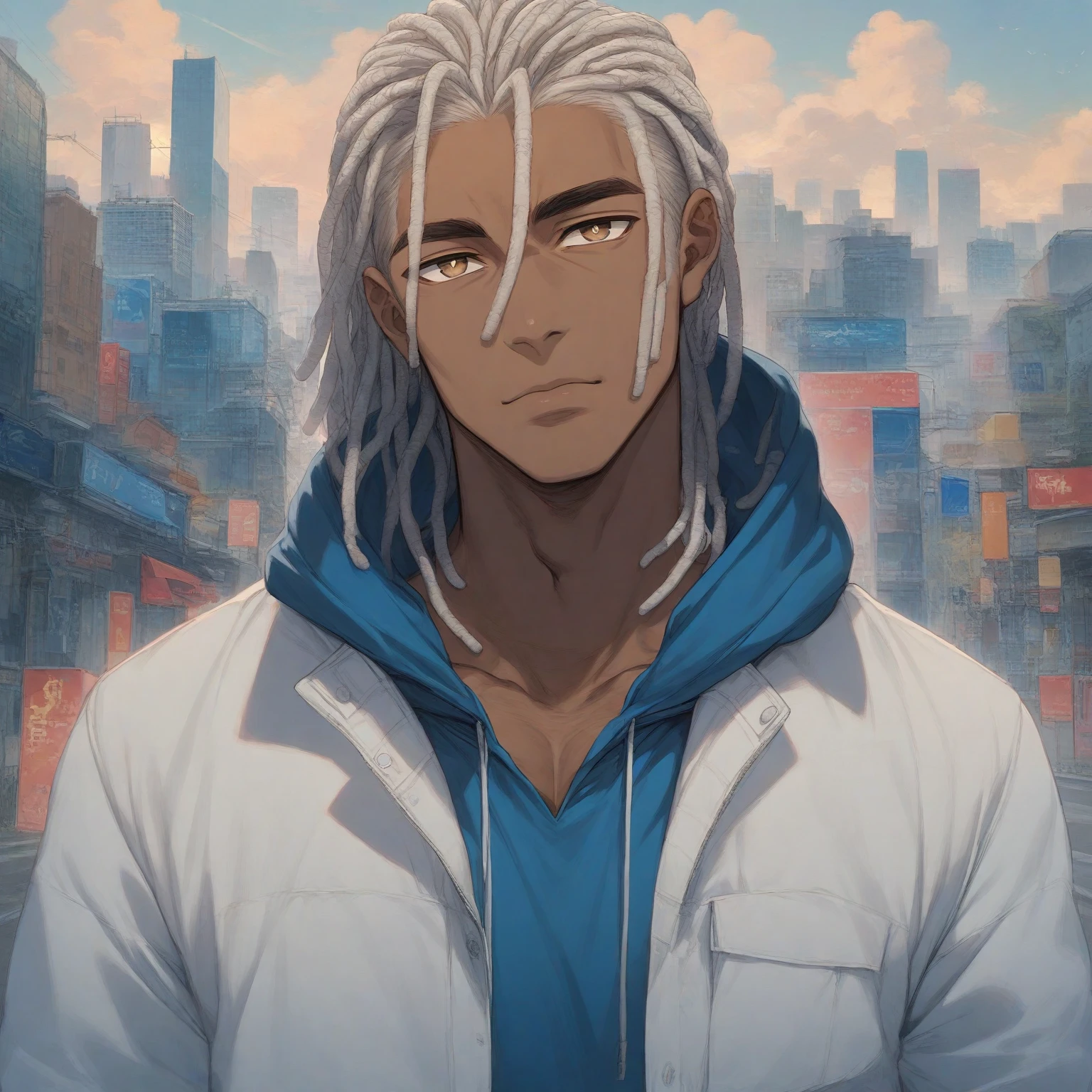 (masterpiece:1.2), (best quality), (ultra detailed), (8k, 4k, intricate),(half-body-shot:1), (highly detailed:1.2),(detailed background:1.2),((dark skin, handsome face,lips)) An close up of a person with dreadlocks in a city, he wearing a blue shirt and white fur-collared hoodie, tan pupils, male anime style, in an anime style, anime handsome man, modern city background, natural sky