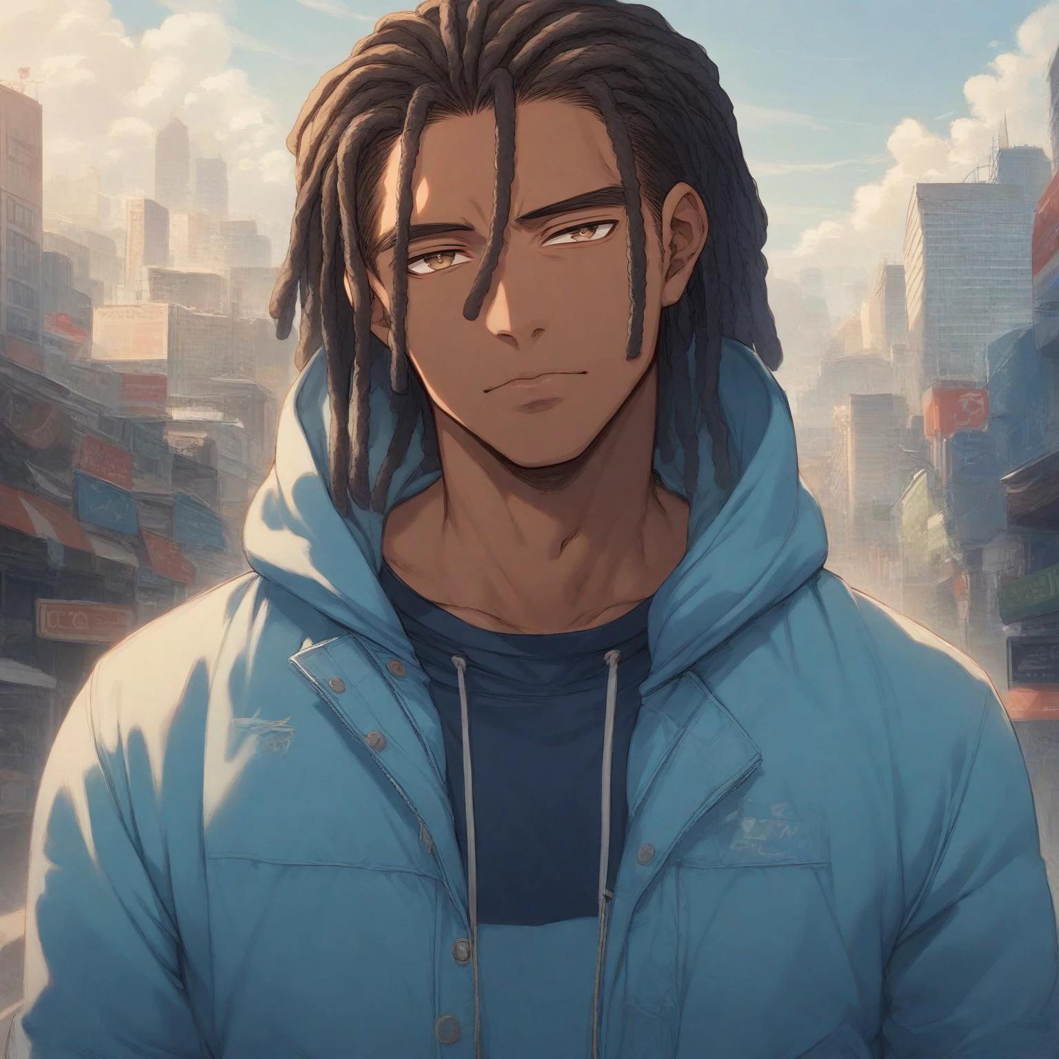 (masterpiece:1.2), (best quality), (ultra detailed), (8k, 4k, intricate),(half-body-shot:1), (highly detailed:1.2),(detailed background:1.2),((dark skin, handsome face,lips)) An close up of a person with dreadlocks in a city, he wearing a blue shirt and white fur-collared hoodie, tan pupils, male anime style, in an anime style, anime handsome man, modern city background, natural sky