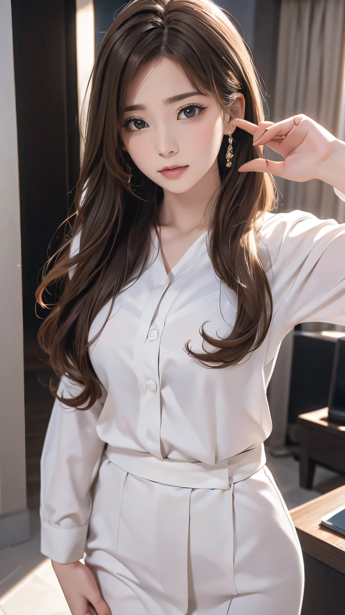 random office lady fashion,(Thin type),(large breasts),(random pose),(random hairstyle),(Cinematic scene,Highest image quality,(8K), Ultra-realistic, Best Quality, High quality, High Definition, high quality texture, high detailing, Beautiful detailed, fine detailed, extremely details CG, Detailed texture, realistic representation of face, masterpiece, presence, Dynamic, Bold)