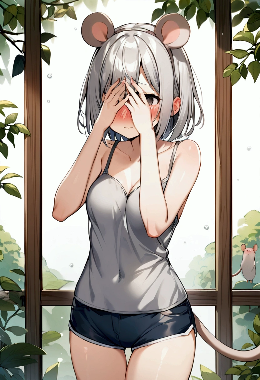 1girl with short grey hair, black eyes, slender body, medium breasts, natural mouse ears, natural mouse tail, blush, embarrassed, cover her face, ((((grey bra))), short shorts,zoo aviary