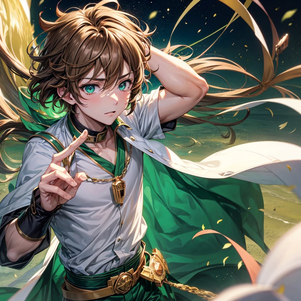 Anime boy with light brown hair with emerald green eyes with a lock of hair covering his left eye