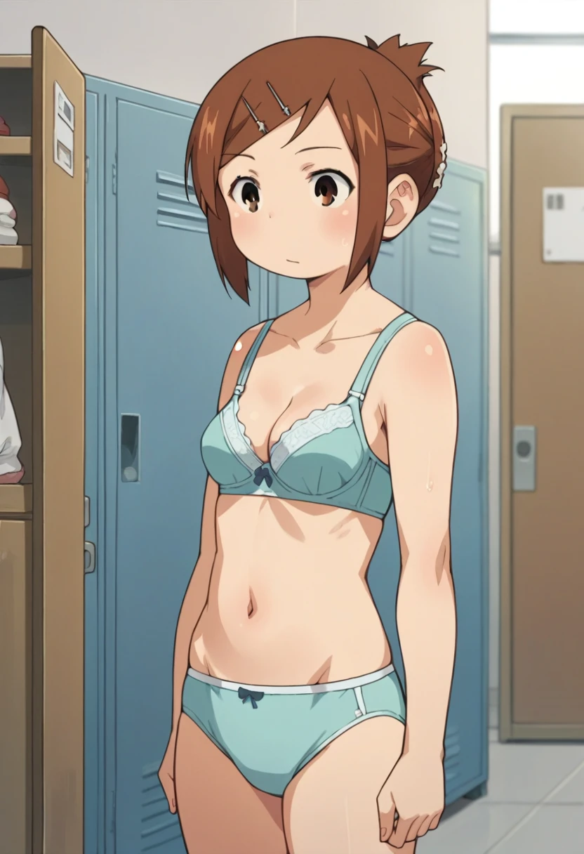 score_9, score_8_up, score_8, source_anime, 1girl, solo, brown eyes, brown hair, hair ornament, hairclip, short hair, locker room,standing,bra,panties,