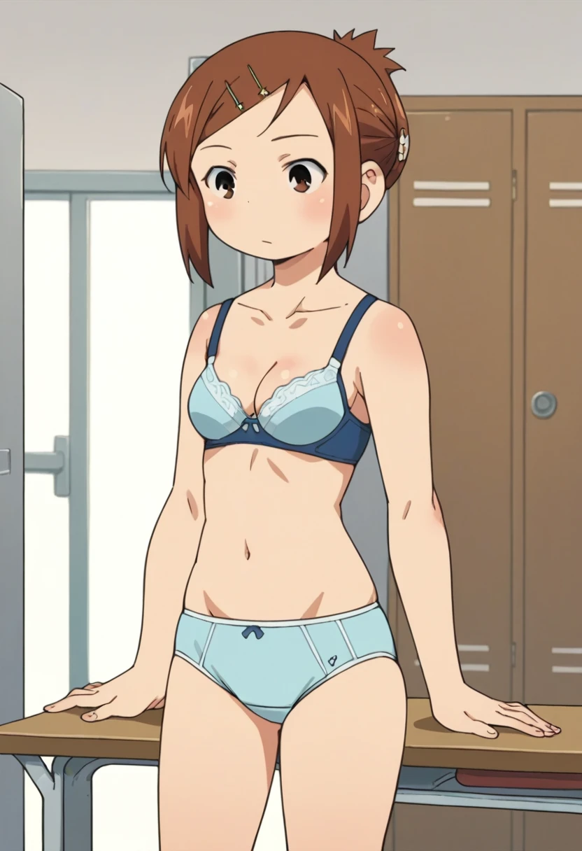 score_9, score_8_up, score_8, source_anime, 1girl, solo, brown eyes, brown hair, hair ornament, hairclip, short hair, locker room,standing,bra,panties,