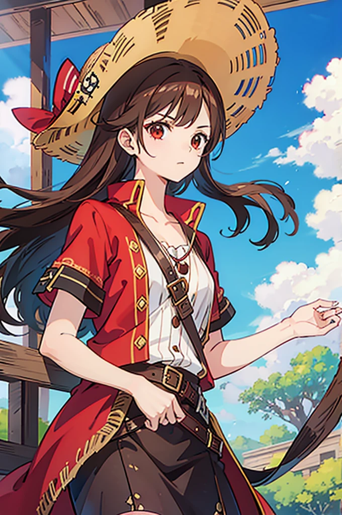 1 female, medium length brown hair, wearing pirate clothing, wearing straw hat with red band, on a pirate ship, wearing straw hat