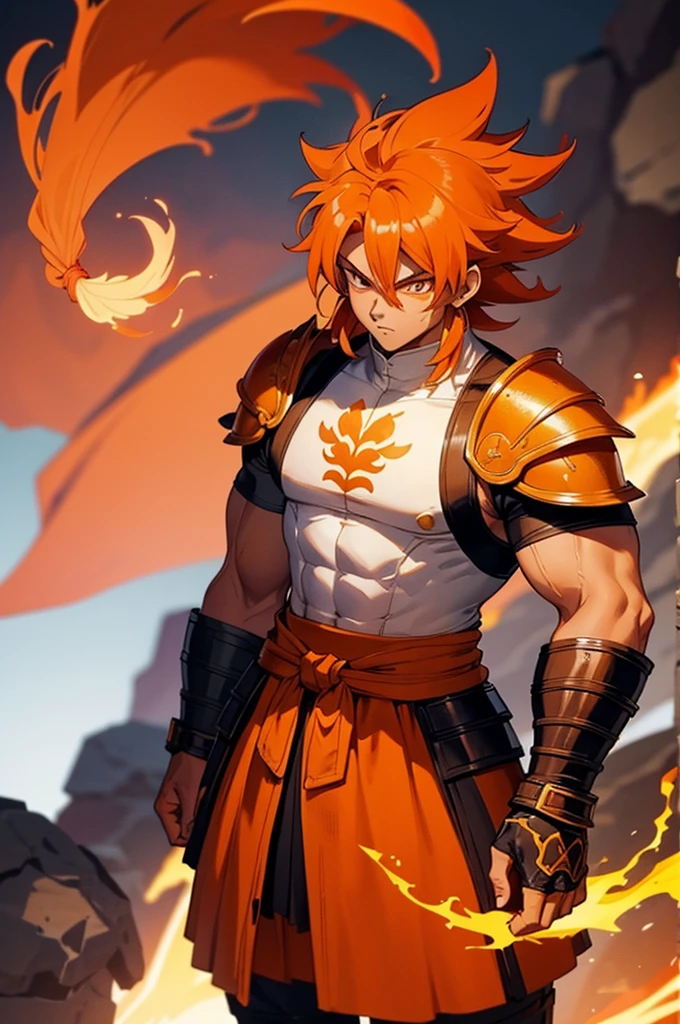 Tanned male with long, thick orange saiyan hair, wearing heavy orange armour, wearing a skirt made of phoenix feathers, with flame tattoos on their face, in fantasy style