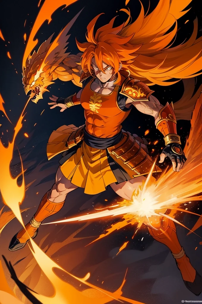 Tanned male with long, thick orange saiyan hair, wearing heavy orange armour, wearing a skirt made of phoenix feathers, with flame tattoos on their face, in fantasy style