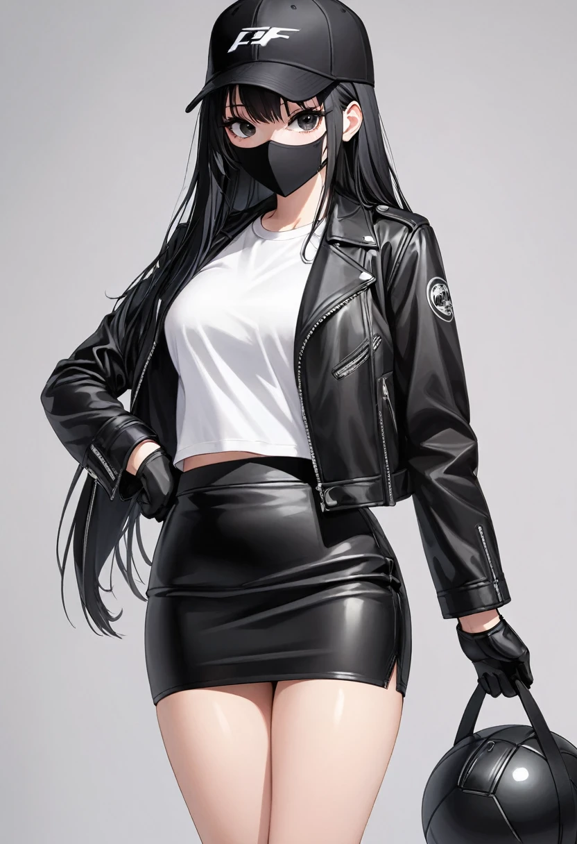 Black miniskirt , Black sneakers , white t-shirt , Black leather jacket , pencil skirt , Leather skirt , whole body , thighs , black hair , black eyes , straight hair , black ball cap , long sleeves , bare legs , face , Black gloves , standing posture , close up , black mask , Black waistband