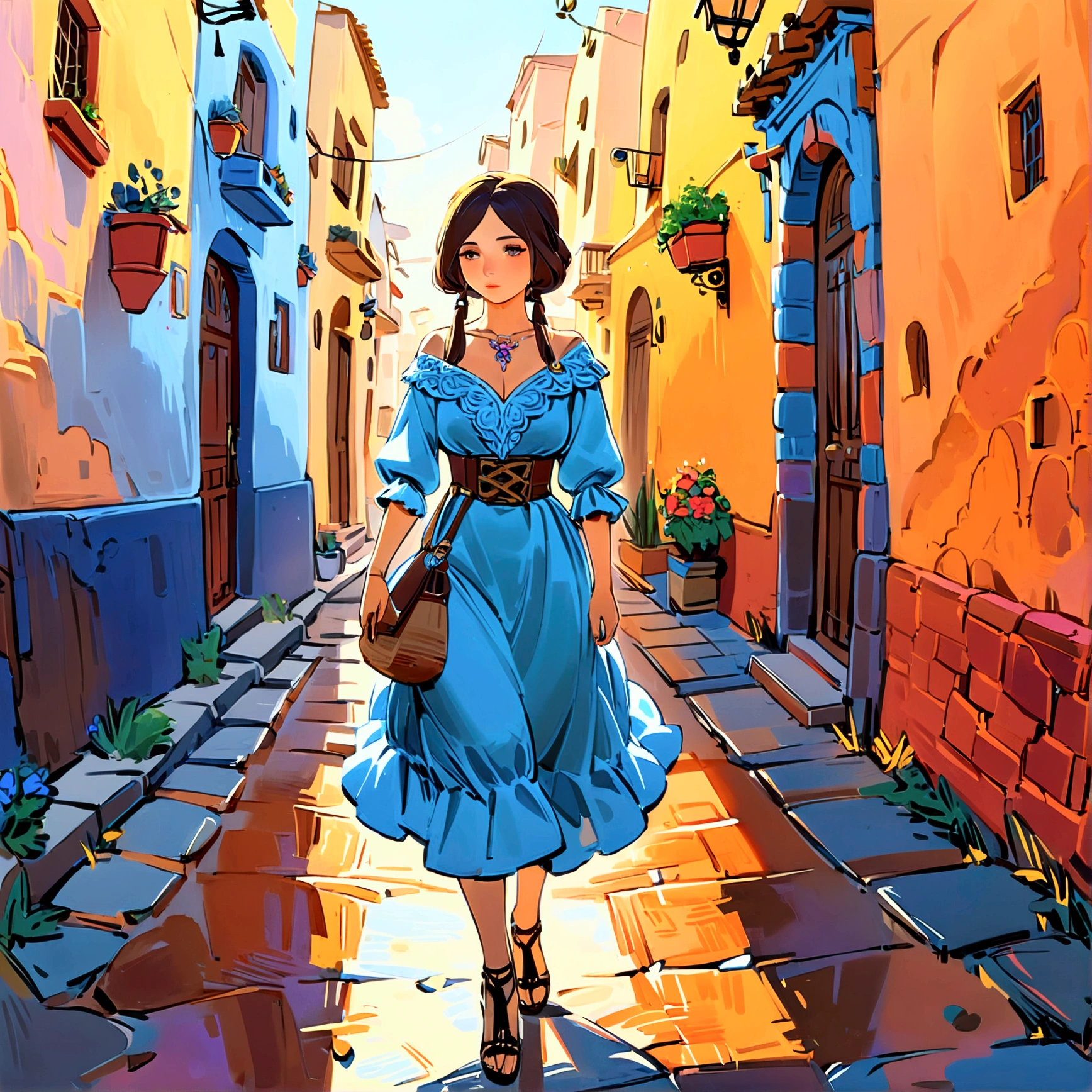 artist Shishkin Ivan, Serov, Roerich, girl, walking through a provincial Mexican city, front view