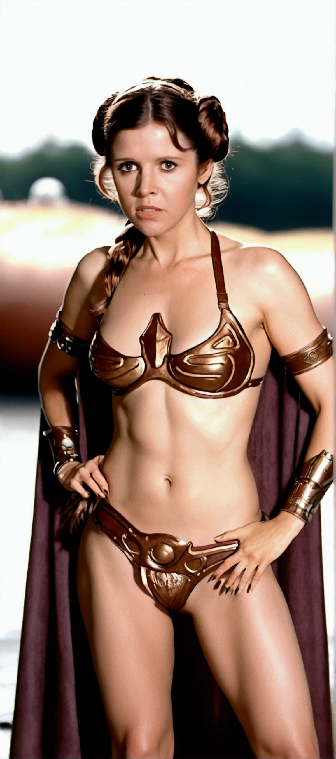 PRINCESS LEIA SLAVE. stars wars. with relaxed expression. micro tanga. full body closeup, full length cinematic shot. sensual. sexy, xxx, IN THE BACKGROUND OF AIRCRAFT CARRIERS. hyper realism. 8k. Photography, hyper realism. k. Photography (masterpiece, Super detail, High detail, Best Quality, 8k, Star Wars movie lighting