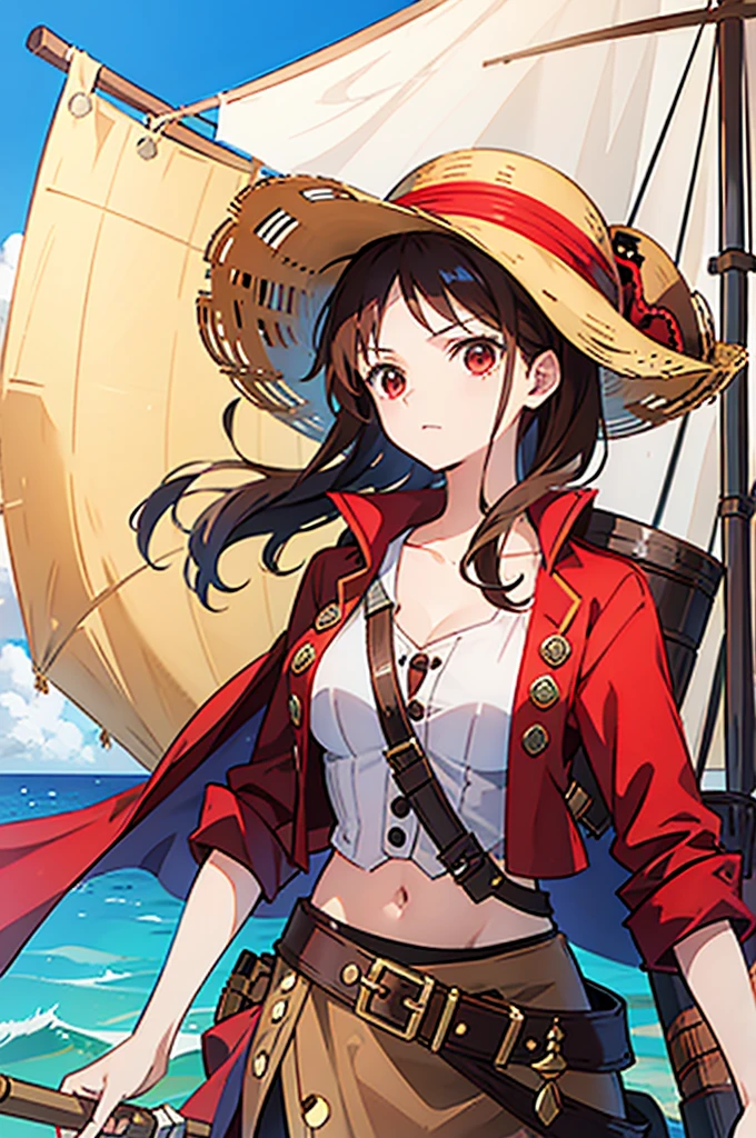1 female, medium length brown hair, hazel eyes, wearing pirate outfit, at the helm of a pirate ship, wearing straw hat with red band, wearing straw hat