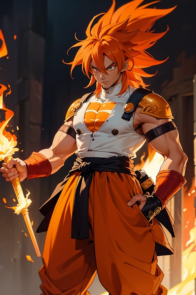 Tanned male with long, thick orange saiyan hair, wearing heavy orange armour, wearing red feathers around his waist, with flame tattoos on their face, in fantasy style