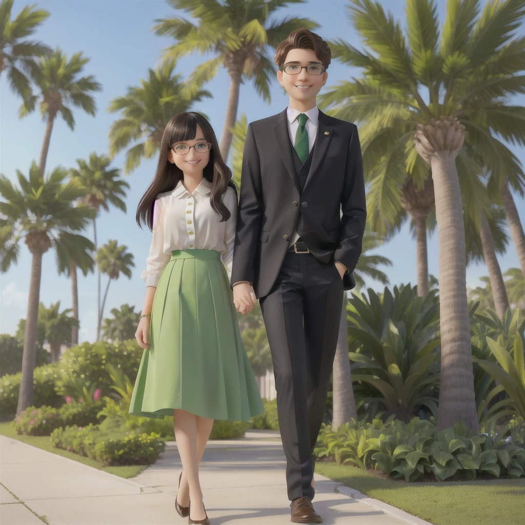 The photo was taken outdoors, probably in a garden, due to the presence of green grass and palm trees in the background. The couple is positioned in the center of the image. The woman on the left has dark, straight, shoulder-length hair. She is wearing glasses, a long-sleeved beige blouse with buttons on the front, and a green skirt that reaches below her knees.
The man on the right is wearing a well-fitting black suit, with a white shirt and a green tie. He has short, dark hair and is smiling.
The environment is well lit, suggesting that the photo was taken during the day, with the sun shining. The palm trees and surrounding vegetation add a tropical touch to the setting.