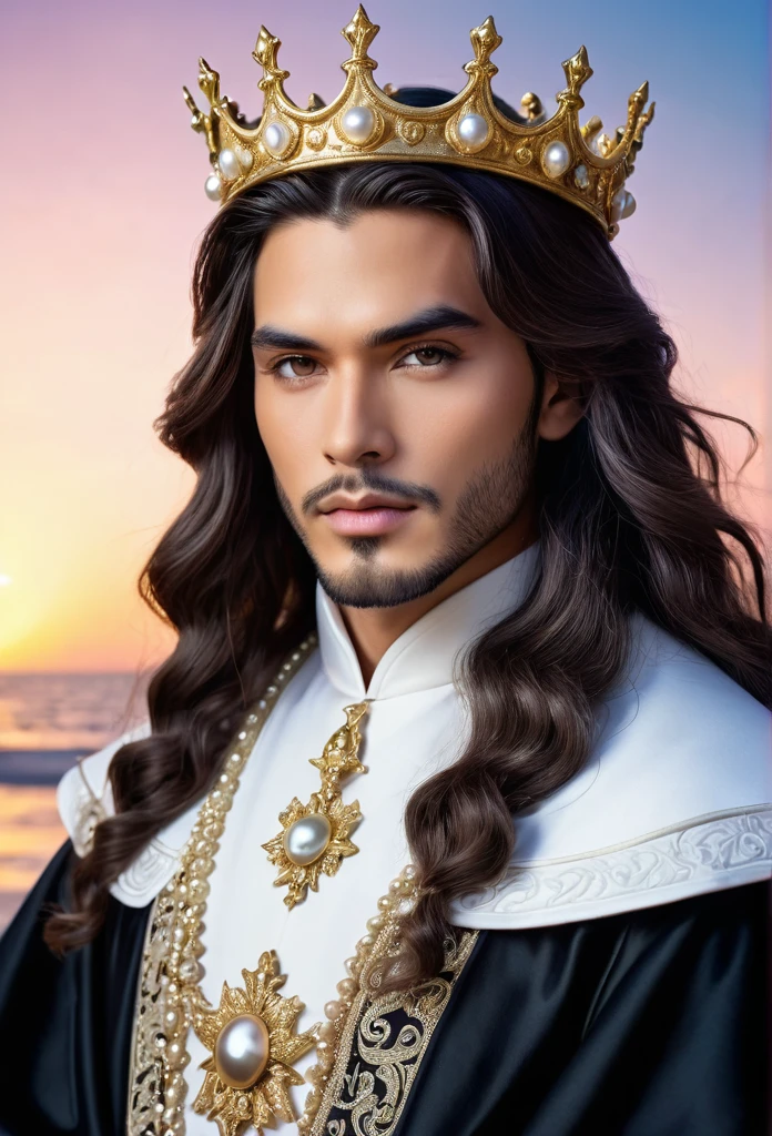 (((King Oxalá / GOD )))on a SKY a bright light, Sorceress, beautiful Man 16KPensativo, Cabelo branco, Fundo simples, Capuz, Barba, sorceress, (( oxalá UHD ))) With a beautiful crown of shells and pearls, volantes+ribbons+detailed in tone , It should look charming and beautiful, Keep the iconic elements of the original character. Male King GOD must have a sensual round face with large dimensions, clear eyes, long eyelashes and rosy cheeks. Your hair should be in great black tones . Elegant like a king : Vista-se Chibi em um luxuoso e elegante Bata detalhes standingrolas dourada . He wears a veil on the shore, The character&#39;s costume is a beautiful light blue lace dress. . standing, . Magic Accessories: Add charming accessories to the chibi, shell necklaces and earrings .Be sure to add shadows, textures and details in the hair, God accessories, to make you even more charming and charming. Give him a smiling expression and a smile on his face, Capturing the essence of the character in a subtle way, Delicate hands,( beach scenery, deep surrealistic landscape, king Oxalá and its mermaids )