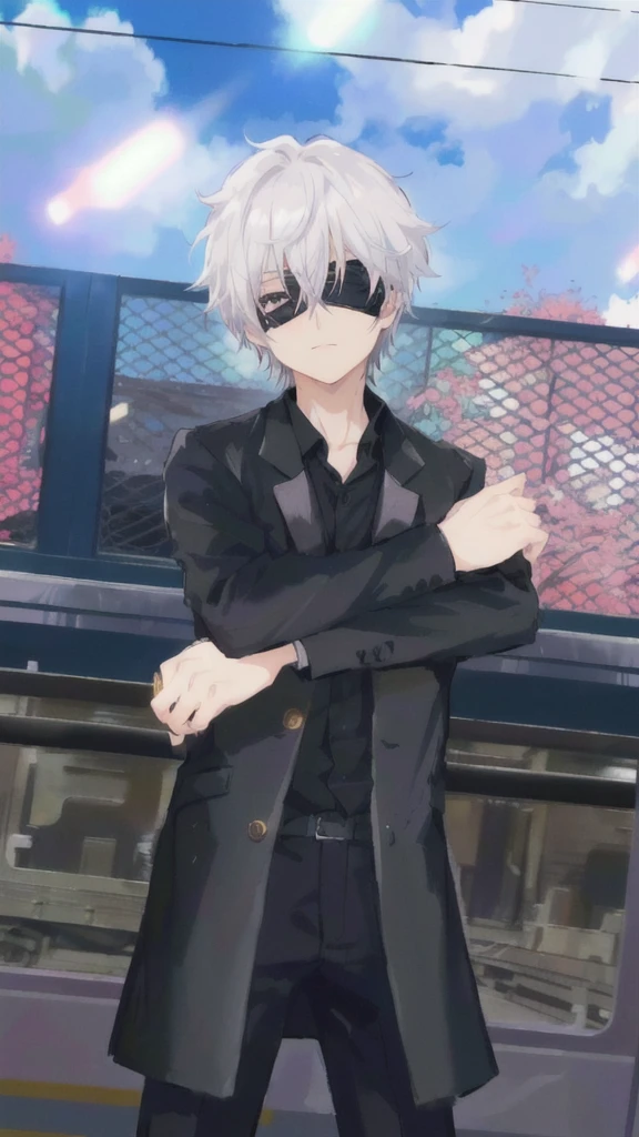 anime character in black suit standing in front of a train, inspired by Okumura Togyu, he wears an blind folded, black blindfolded, he has dark silver hairs, wearing an eyepatch, handsome anime pose, live2d, gojo satoru.