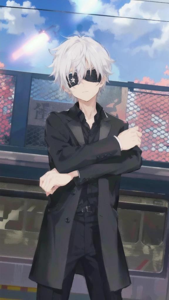anime character in black suit standing in front of a train, inspired by Okumura Togyu, he wears an blind folded, black blindfolded, he has dark silver hairs, wearing an eyepatch, handsome anime pose, live2d, gojo satoru.