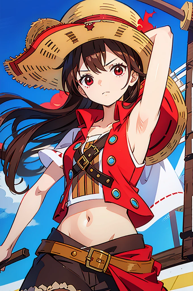 1 female, medium length brown hair, wearing pirate clothing, wearing straw hat with red band, on a pirate ship, wearing straw hat
