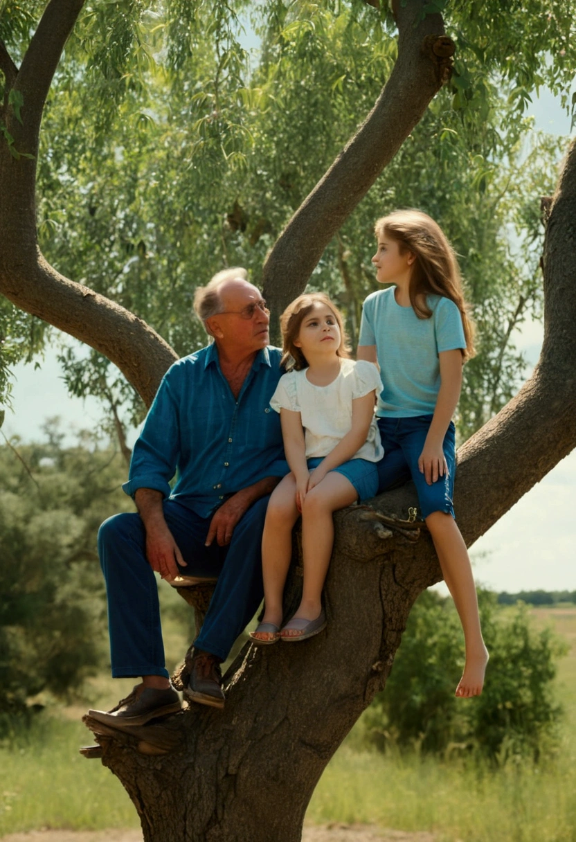 GIRLFRIEND and young boyfriend, (daughter sitting:1.2) on (higher tree branch:1.4), (her father standing:1.5) on the ground under the tree