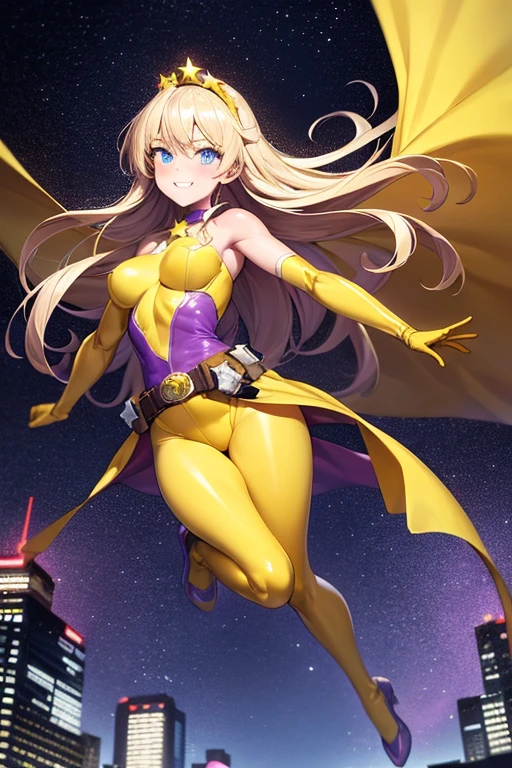 ((best quality)), ((masterpiece)), (detailed), 1 girl, Full body, 19 years old, Smiling face, Blue eyes, Star-shaped tiara, Arms outstretched, Arms behind waist, Blue superhero mask, Blushing, Blonde hair, Straight hair, Long hair, Bangs, 2 star clips in hair, Full body, Medium breasts, Slim body, Hands with yellow stars, Yellow wristbands, Long yellow gloves, Purple gloves, Purple gloves, Superhero costume, Superheroes, Yellow leotard suit, With a big yellow star in the center, Star emblem, Somewhat tight, Long yellow cape on waist, Red belt, Purple legs, Purple pantyhose, Flying, City background, Anime