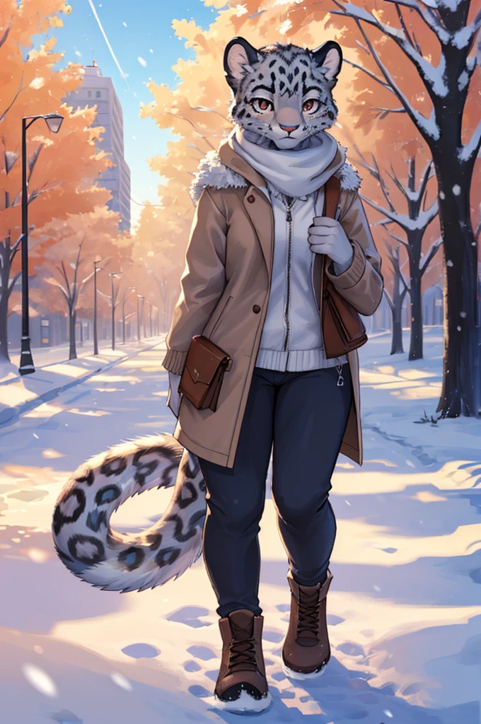 (very detailed illustration: 1.2), best quality, masterpiece, solo, natural lighting, An young anthro female snow leopard with brown eyes, she has snow leopard fur un all her body, she is dressed in casual clothes, she is in a big bright city, she is in a park where there are trees, she is on a gray gravel road walking.