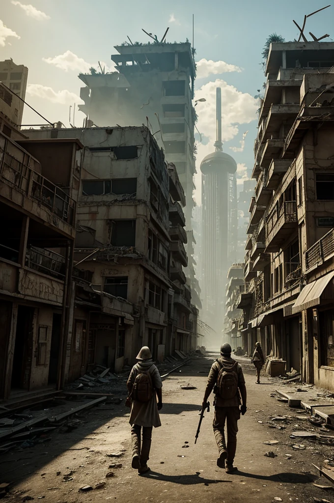 Two people looking back in an apocalyptic pst world of a fungal pandemic city