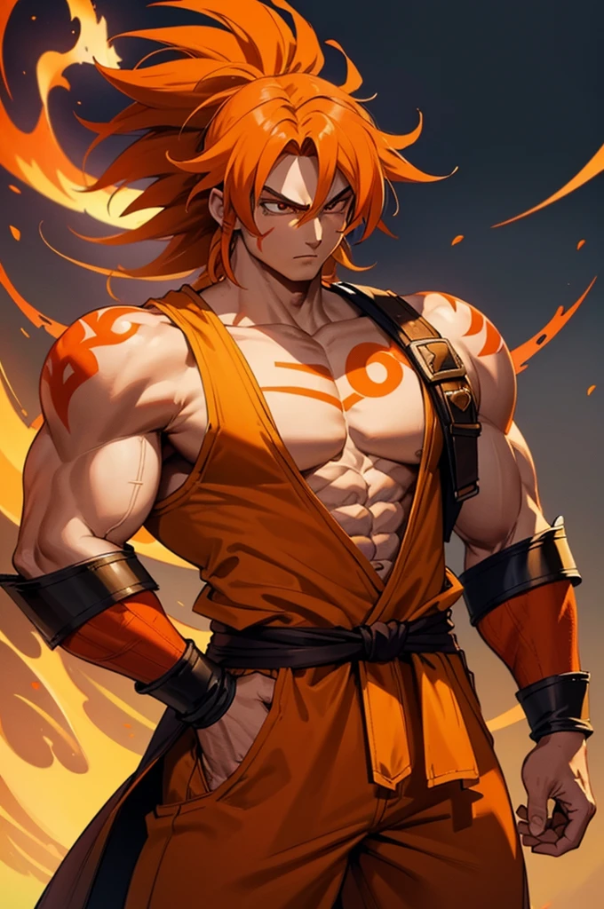 Tanned male with long, thick orange saiyan hair, wearing heavy orange armour, wearing red feathers around his waist, with flame tattoos on their face, in fantasy style