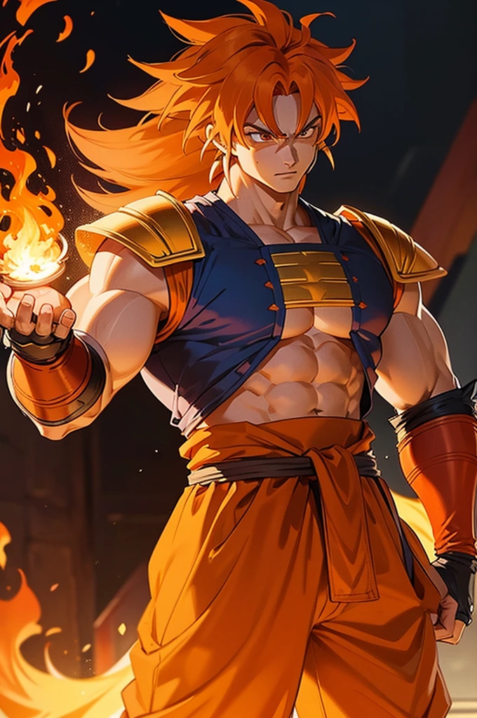 Tanned male with long, thick orange saiyan hair, wearing heavy orange armour, wearing red feathers around his waist, with flame tattoos on their face, in fantasy style