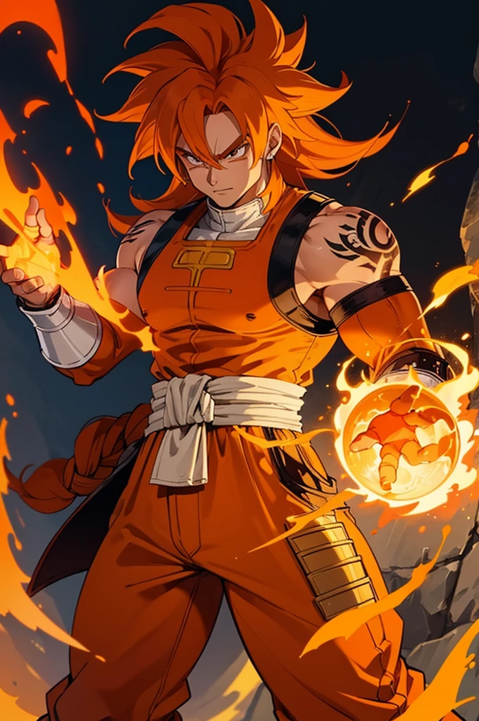 Tanned male with long, thick orange saiyan hair, wearing heavy orange armour, wearing red feathers around his waist, with flame tattoos on their face, in fantasy style