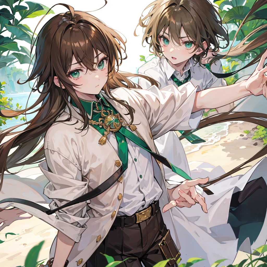 Anime boy with light brown hair with emerald green eyes with a lock of hair covering his left eye
