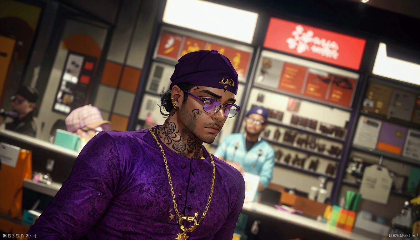 men wearing purple shirt, purple cap, gold chain, tattooed, glasses