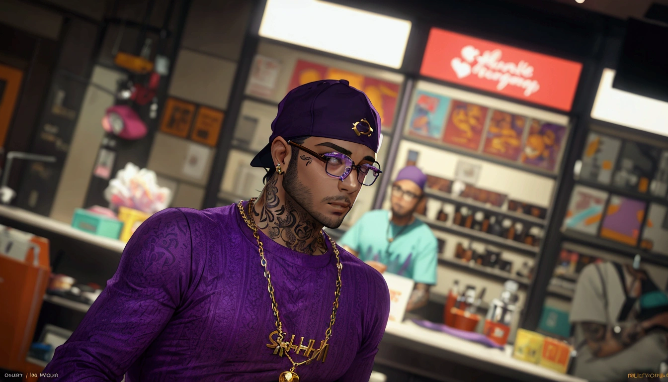 men wearing purple shirt, purple cap, gold chain, tattooed, glasses