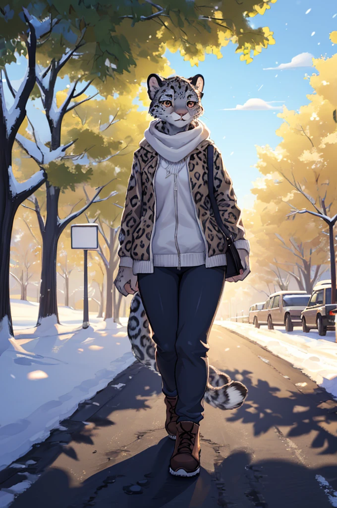 (very detailed illustration: 1.2), best quality, masterpiece, solo, natural lighting, An young anthro female snow leopard with brown eyes, she has snow leopard fur un all her body, she is dressed in casual clothes, she is in a big bright city, she is in a park where there are trees, she is on a gray gravel road walking.