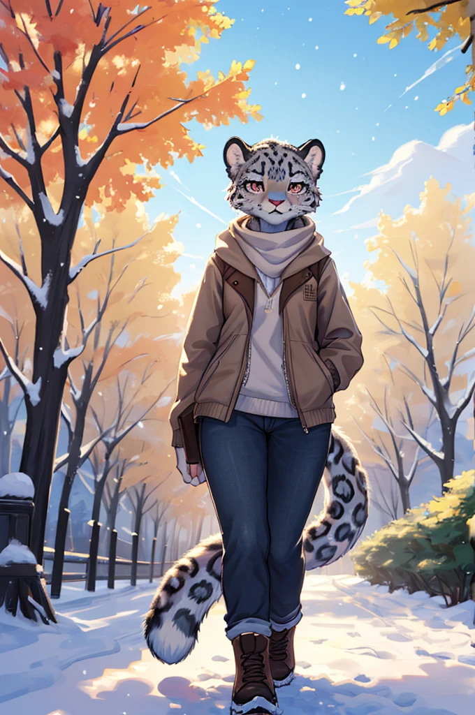 (very detailed illustration: 1.2), best quality, masterpiece, solo, natural lighting, An young anthro female snow leopard with brown eyes, she has snow leopard fur un all her body, she is dressed in casual clothes, she is in a big bright city, she is in a park where there are trees, she is on a gray gravel road walking.