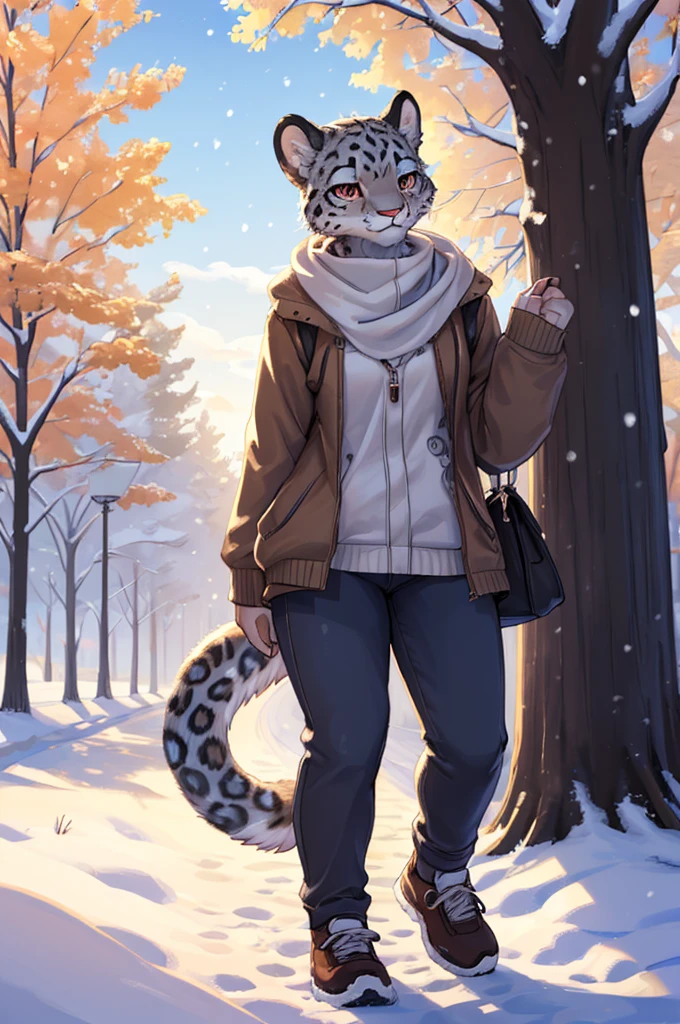 (very detailed illustration: 1.2), best quality, masterpiece, solo, natural lighting, An young anthro female snow leopard with brown eyes, she has snow leopard fur un all her body, she is dressed in casual clothes, she is in a big bright city, she is in a park where there are trees, she is on a gray gravel road walking.